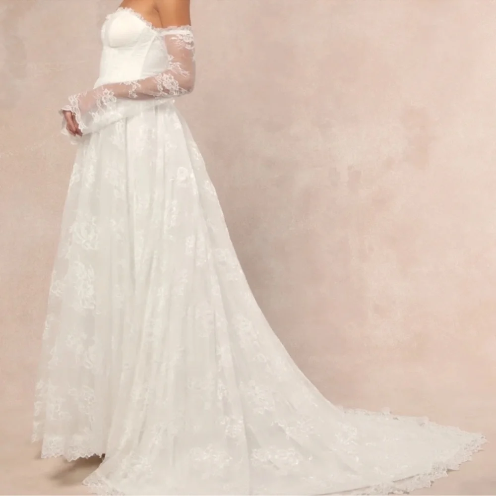 Lulu's Maurine White Lace Off-Shoulder Wedding Dress - Picture 3 of 4